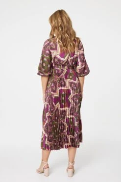 Printed 3/4 Sleeve Satin Wrap Dress -Hallmark Style D166264 MULTI GREEN 5