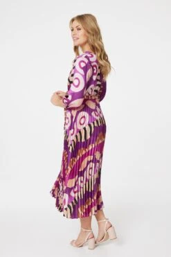 Ikat Print Wrap Front Satin Midi Dress -Hallmark Style D166265 MAGENTA 6