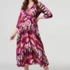 Ikat Print Wrap Front Satin Midi Dress -Hallmark Style D166265 PURPLE 2