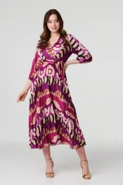 Ikat Print Wrap Front Satin Midi Dress