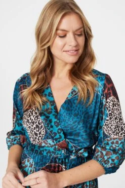 Animal Print Wrap Front Midi Dress -Hallmark Style D166354 MULTI BLUE 6