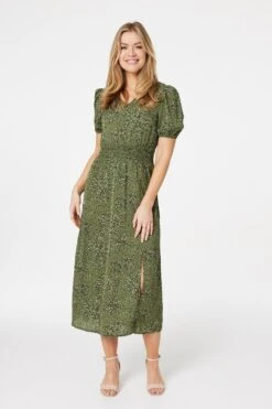 Printed Front Split Midi Dress