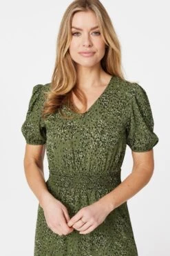 Printed Front Split Midi Dress -Hallmark Style D166595 KHAKI 4