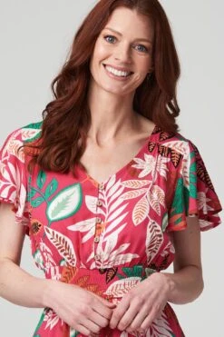 Leaf Print Midi Dress -Hallmark Style D166680 FUCHSIA 4