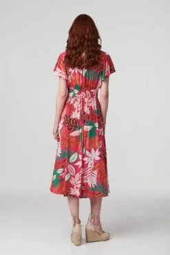 Leaf Print Midi Dress -Hallmark Style D166680 FUCHSIA 5