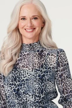 Leopard Print Shirred Neck Dress -Hallmark Style D166898 BLUE 4