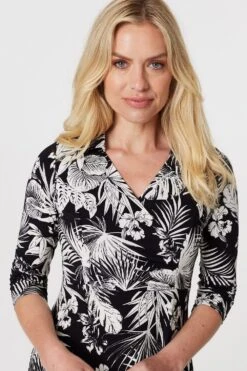 Leaf Print Wrap Front Shirt Dress -Hallmark Style D167206 BLACK 4