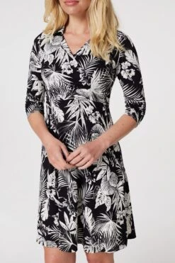 Leaf Print Wrap Front Shirt Dress -Hallmark Style D167206 BLACK 5