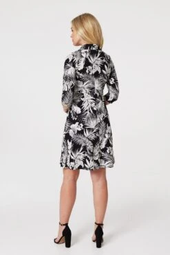 Leaf Print Wrap Front Shirt Dress -Hallmark Style D167206 BLACK 6