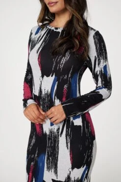 Brushstroke Print Bodycon Dress -Hallmark Style D167243 MULTI PINK 5