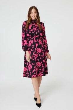 Floral Ruched Front Midi Dress -Hallmark Style D167358 MULTI PINK 1