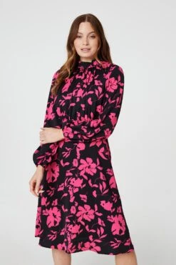 Floral Ruched Front Midi Dress -Hallmark Style D167358 MULTI PINK 2