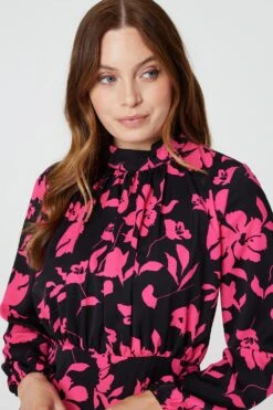 Floral Ruched Front Midi Dress -Hallmark Style D167358 MULTI PINK 3