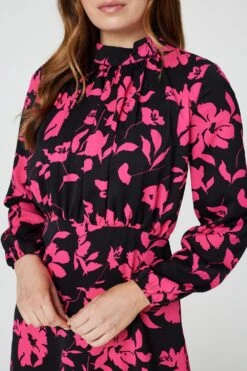 Floral Ruched Front Midi Dress -Hallmark Style D167358 MULTI PINK 4