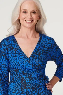 Leopard Print Midi Wrap Dress -Hallmark Style D167511 COBALTBLUE 4