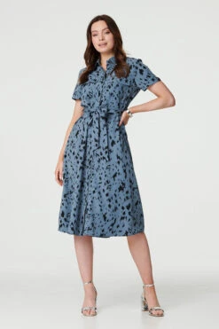 Printed Short Sleeve Shirt Dress -Hallmark Style D167615 BLUE 2