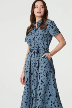 Printed Short Sleeve Shirt Dress -Hallmark Style D167615 BLUE 3