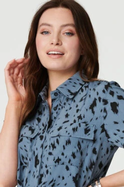 Printed Short Sleeve Shirt Dress -Hallmark Style D167615 BLUE 5