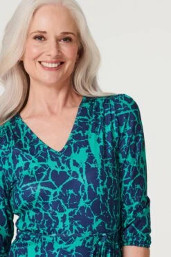 Printed 3/4 Sleeve Column Dress -Hallmark Style D167617 MULTI GREEN 3