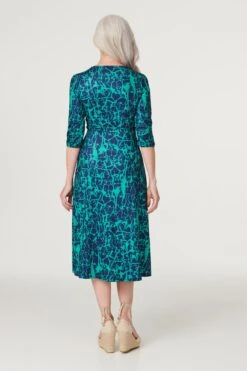 Printed 3/4 Sleeve Column Dress -Hallmark Style D167617 MULTI GREEN 4