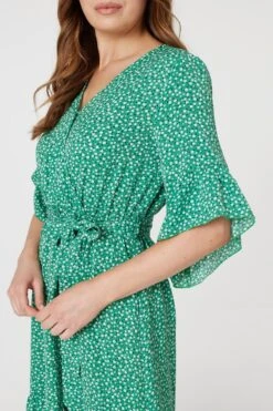 Printed Frilled Wrap Front Dress -Hallmark Style D167620 GREEN 4