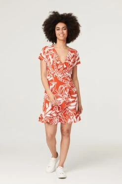 Leaf Print Ruffle Mini Dress -Hallmark Style D167628 ORANGE 1