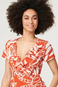 Leaf Print Ruffle Mini Dress -Hallmark Style D167628 ORANGE 3
