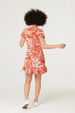Leaf Print Ruffle Mini Dress -Hallmark Style D167628 ORANGE 4