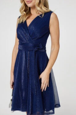 Metallic Wrap Front Skater Dress -Hallmark Style D167698 NAVY 12