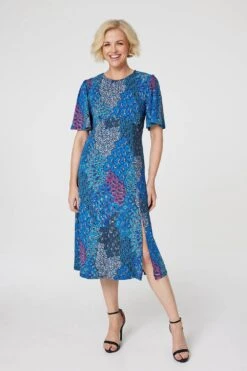 Peacock Print Jersey Midi Dress -Hallmark Style D167730 BLUE 1