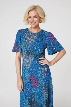 Peacock Print Jersey Midi Dress -Hallmark Style D167730 BLUE 2
