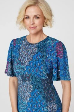 Peacock Print Jersey Midi Dress -Hallmark Style D167730 BLUE 3