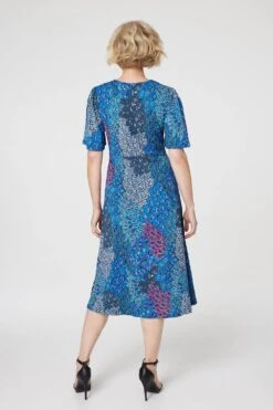 Peacock Print Jersey Midi Dress -Hallmark Style D167730 BLUE 5