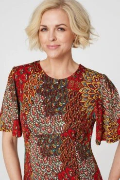 Peacock Print Jersey Midi Dress -Hallmark Style D167730 ORANGE 4