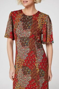 Peacock Print Jersey Midi Dress -Hallmark Style D167730 ORANGE 5