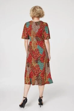 Peacock Print Jersey Midi Dress -Hallmark Style D167730 ORANGE 6
