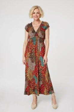 Peacock Print V-Neck Maxi Dress 22 Peacock Print V-Neck Maxi Dress -Hallmark Style D167731 ORANGE 1