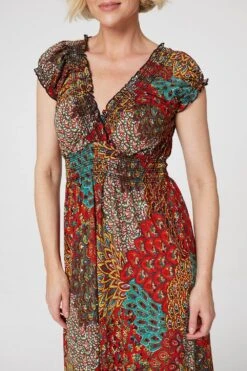 Peacock Print V-Neck Maxi Dress 26 Peacock Print V-Neck Maxi Dress -Hallmark Style D167731 ORANGE 5