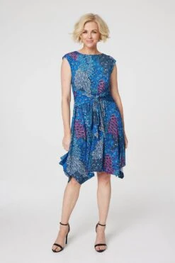 Peacock Print Tie Front Dress -Hallmark Style D167732 BLUE 1