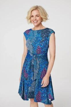 Peacock Print Tie Front Dress -Hallmark Style D167732 BLUE 2