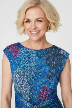 Peacock Print Tie Front Dress -Hallmark Style D167732 BLUE 3