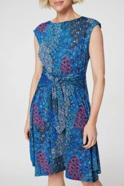 Peacock Print Tie Front Dress -Hallmark Style D167732 BLUE 4