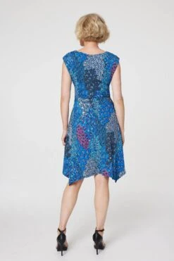 Peacock Print Tie Front Dress -Hallmark Style D167732 BLUE 5
