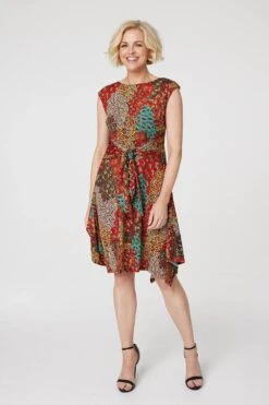 Peacock Print Tie Front Dress -Hallmark Style D167732 ORANGE 1