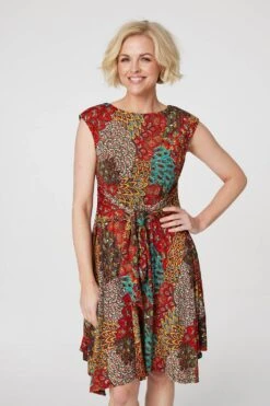 Peacock Print Tie Front Dress -Hallmark Style D167732 ORANGE 2