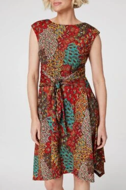 Peacock Print Tie Front Dress -Hallmark Style D167732 ORANGE 4
