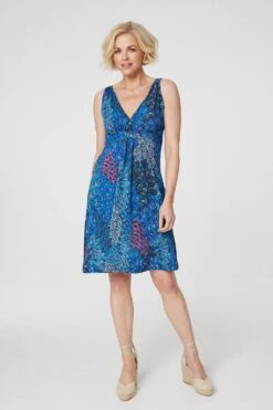Peacock Print Short Sun Dress -Hallmark Style D167733 BLUE 1