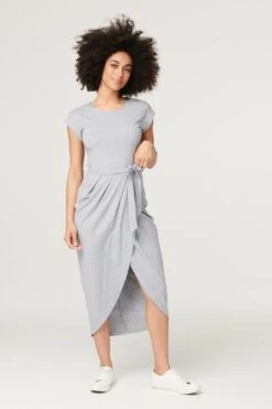 Tie Waist Jersey Tulip Midi Dress -Hallmark Style D167911 GREY 1