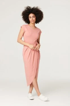 Tie Waist Jersey Tulip Midi Dress -Hallmark Style D167911 PINK 1