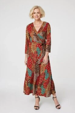 Peacock Print Wrap Maxi Dress -Hallmark Style D167912 ORANGE 1